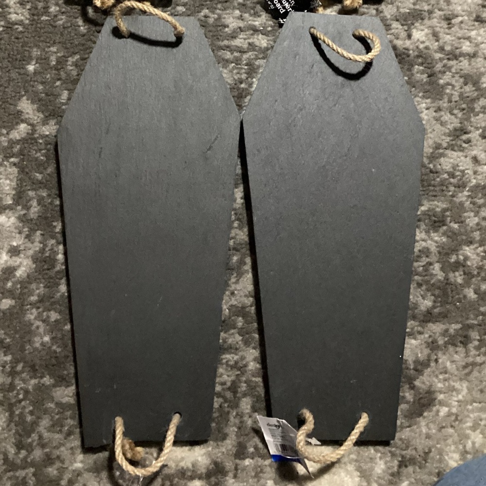 Coffin shaped charcuterie boards (2) slate w/twine handles, 
12”x 5.5” Halloween